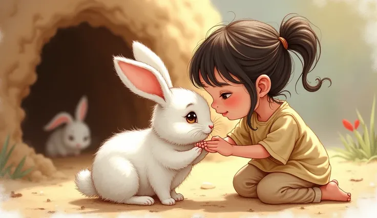 
Illustration of a rabbit nuzzling a girls hand, with a cozy burrow in the background