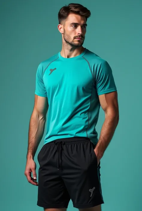 I want a t-shirt and sports shorts with turquoise and black colors for men with elegant and rare designs