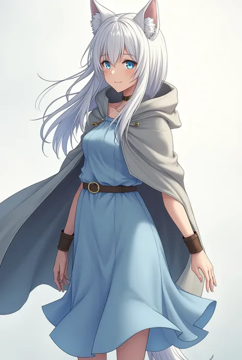 anime Half-wolf woman with white tails and hair, blue eyes almost turning white, a light blue dark skin dress made of soft cotton. The dress was simple, without exaggerated decorations, but with an elegant cut that highlighted Lyras curves in a subtle and ...