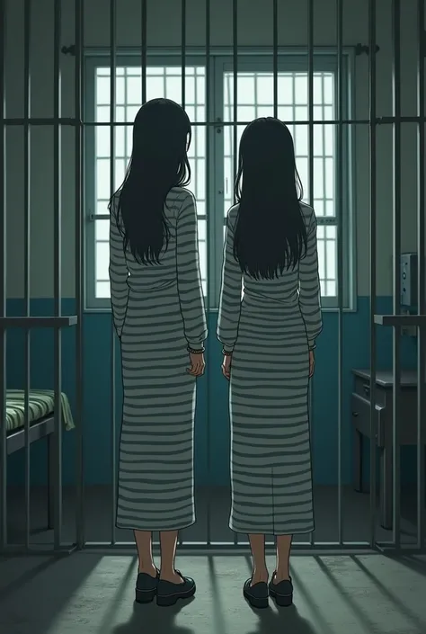 {
  "prompt": "A scene featuring Two beautiful Korean womens wearing long striped prisoner uniforms with a number on her clothes. They wear shoes. They are in a bright lit solitary confinement surrounded by metal bars. The girls are wearing long striped pr...