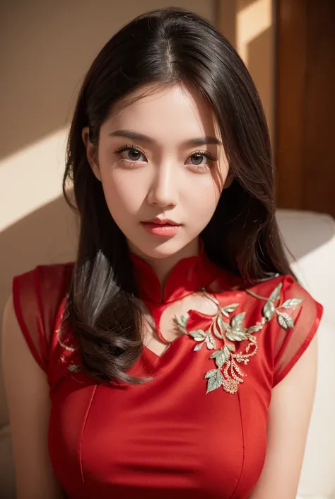 A gorgeous beautiful girl around 2, wearing a red dress, full body portrait, detailed facial features, beautiful eyes, cute expression, photorealistic, masterpiece, high quality, intricate details, warm lighting, vibrant colors