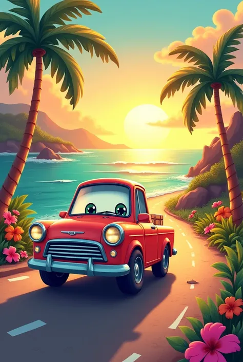 A cartoon car riding into the sunset on an island 