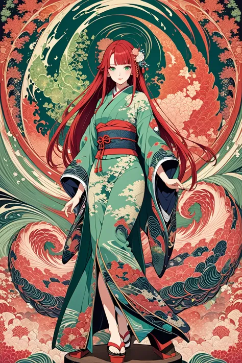 masterpiece,best quality,1girl,(fractal art),Ukiyoe art style,anime art style,red hair color,long straight hair style,eyes color green,Wearing geta,Draw the whole body,Official Art,4K,Ultra high definition,