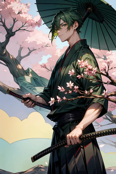 1male, Adult, Hakama, Green Hair, Short Hair, Katana, Sakura Trees, Samurai, Japanese Setting, Green Eyes