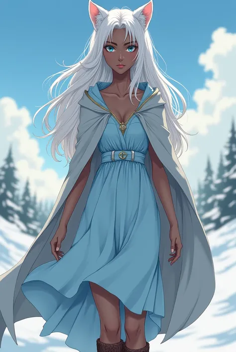 anime Half-wolf woman dark skin with white tails and hair, blue eyes almost turning white, a light blue  dress made of soft cotton. The dress was simple, without exaggerated decorations, but with an elegant cut that highlighted Lyras curves in a subtle and...