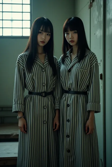 {
  "prompt": "A scene featuring Two beautiful Korean womens wearing long striped prisoner uniforms with a number on her clothes. They wear shoes. They are in a bright lit solitary confinement surrounded by metal bars. The girls are wearing long striped pr...