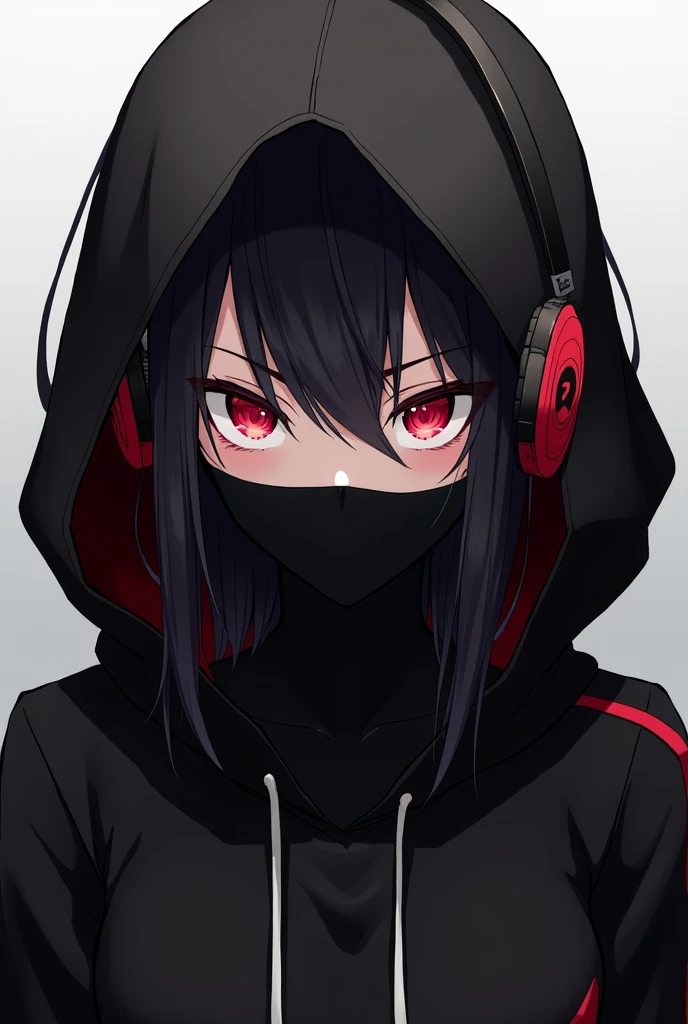 Dark anime girl with red headphones looking straight ahead only her head with a black hood with an evil look and a black mask