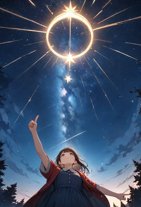 anime、((Amazingly absurd)),(masterpiece:1.2),超High resolution, Attention to detail, high quality, High resolution, 最high quality, 4K, 8k、Looking up at the night sky、Girl with one hand pointing to the sky、starry skies、１The shining star、Hope is the theme、Com...