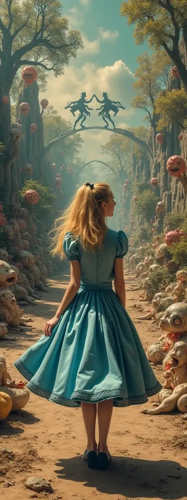 In the middle of the image is Alice(Alice in Wonderland,, wondering), in the world everything is wrong, A Mad Tea-Party, wrong perspective, wrong distance, very out of balance, psychedelic world, time interval is wrong, up-down relationship wrong,The direc...