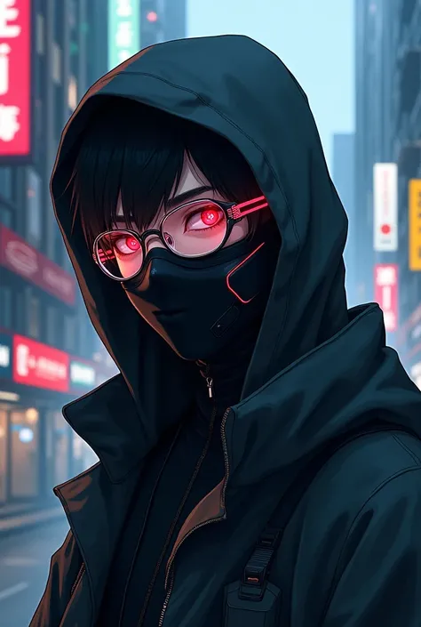 guy wearing cyberpunk glass, black face mask, hoodie anime style