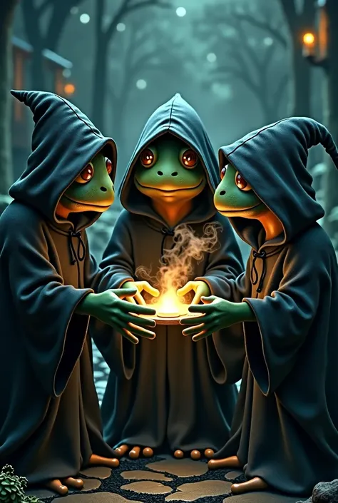 Three hooded pepes holding something in their hands, forming a circle performing a ritual 