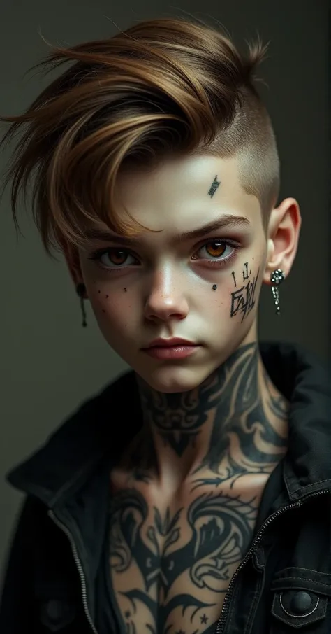 Tattooed blond boy brown hair earrings villain face light brown eyes 