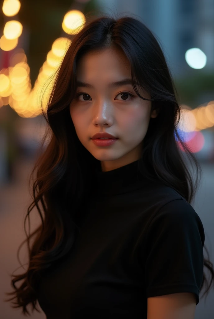 Create a realistic photo of a Vietnamese girl with long hair, wearing a black high-neck t-shirt, during a date. The image should look as if it was taken with a professional DSLR camera