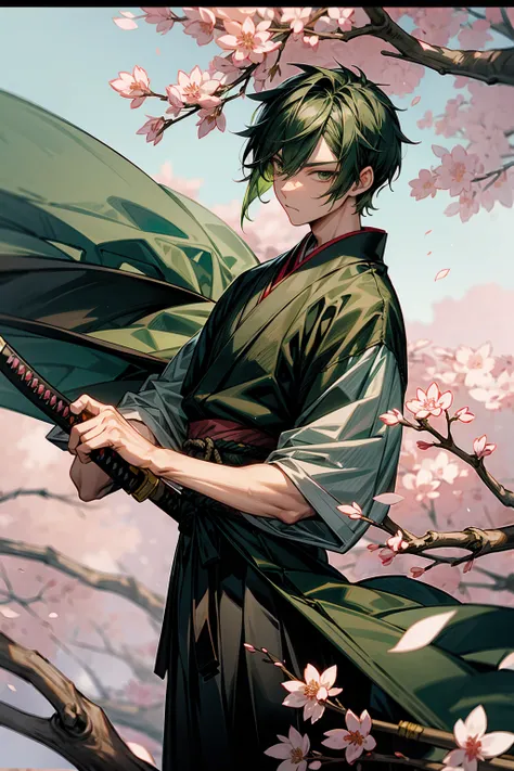 1male, adult, hakama, green hair, short hair, sakura tree's, samurai, japanese setting, green eyes, drawn katana