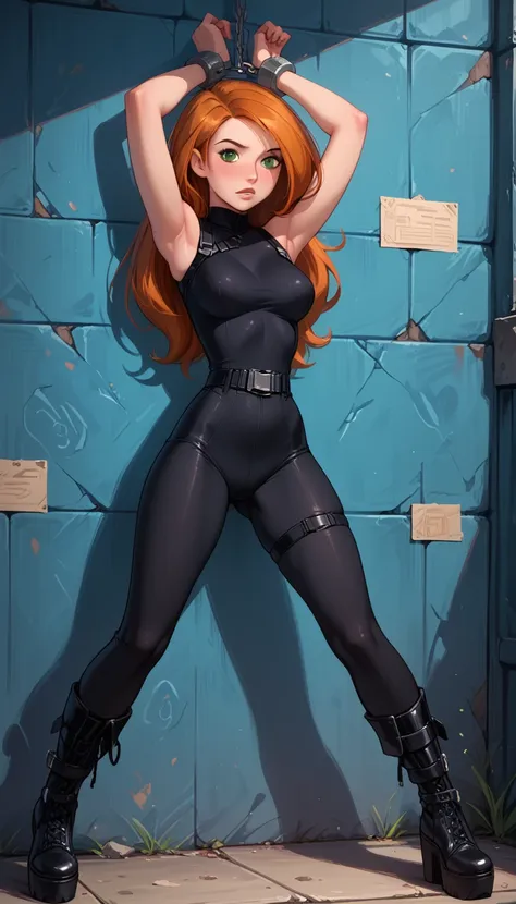 cinematic film still, solo, 1girl, break kim possible, narrow waist, perky breasts, black pvc catsuit, black utility belt, sleev...