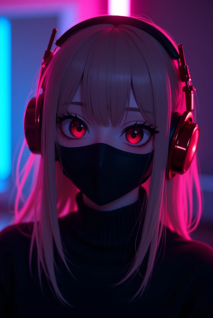 Dark anime girl with black eyes, blonde, evil look, wearing red metallic headphones, black face mask and black sweater, enjoying 16D sound in the dark with purple and blue neon lights