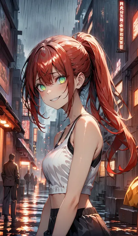 there is, danger ,alone,Crazy evil smile,Villain,Wearing a cropped tank top, Wearing a plain white cropped tank top, Red Hair, Long Ponytail, Green Eyes, City of night, rain,sad,Highly detailed eyes, Highly detailed face, Highly detailed background,View th...