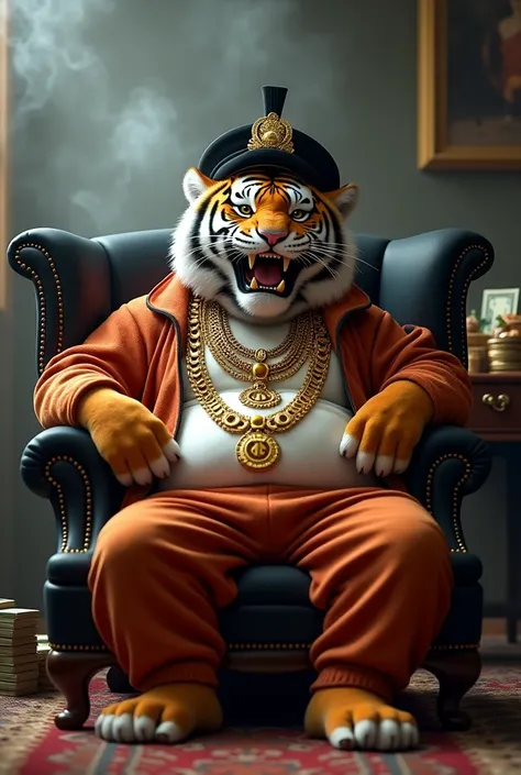 A very fat tiger wearing a track suit, with gold necklaces, one paw holding an expensive cigar, laughing sitting on a black wingback chair. On its head wearing a black songkok. Desk with stacked of money and food. Room atmosphere is foggy with cigar smoke.