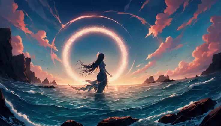 a song is coming from the distant sea, at center a very small shadow of evil mermaid is on a rock floating at very distance sea and singing with her wings spread wide and colorful circle hypnotic sound wave effects from her can be seen, so many man enterin...