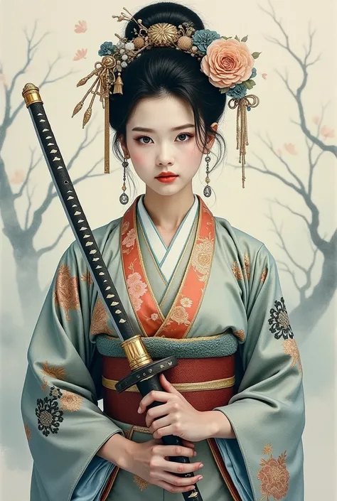 A beautiful woman dressed as an oiran, holding a sword, depicted in a watercolor style. The composition focuses on her upper body, showcasing her elegant kimono and the intricate details of her hair ornaments. The background is misty, creating a mysterious...