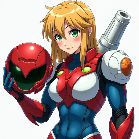 samus aran,power suit,blue stripes white armor,red chest armor,holding removed red helmet,right arm cannon,green glow armor,blond hair,green eyes,