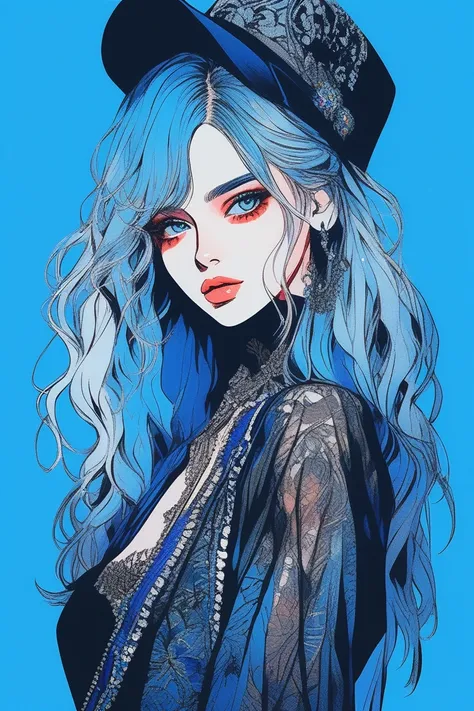 One girl, Paris Colle model, fashion illustration, anime style, super real, detailed sketch, beautiful detailed eyes, beautiful detailed lips, slim body, full body, model pose, detailed fashion show costume, detailed fashion costume, blue gradient backgrou...