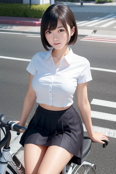 (sitting astride a bicycle、japanese high school girl waiting at a traffic light)、short sleeve white shirt、take the wheel、her bra...