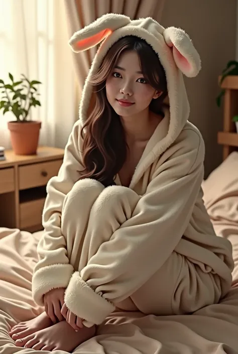 A bare-faced Asian woman in pajamas，Wearing a bunny hood，Wearing slippers，Squatting on the floor with your knees tucked，indoor，sideways，Look straight into the eyes