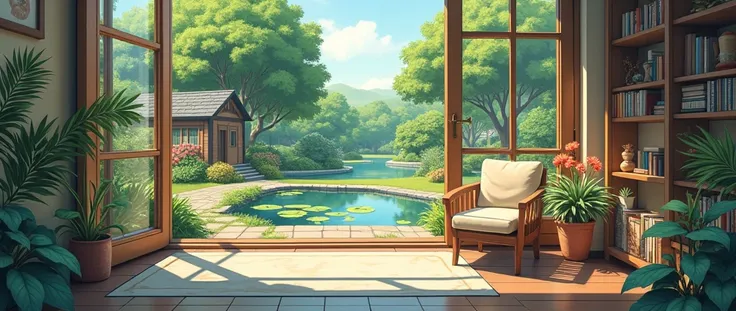 (micro landscape:1.5),(best quality), ((masterpiece)), (high resolution), illustration, Original, Very detailed wallpaper, 没have人类, window, landscape, plant, water, potted plant, outDoors, architecture, Door, house, flower pot, Sky, lily pad, Chair, flower...