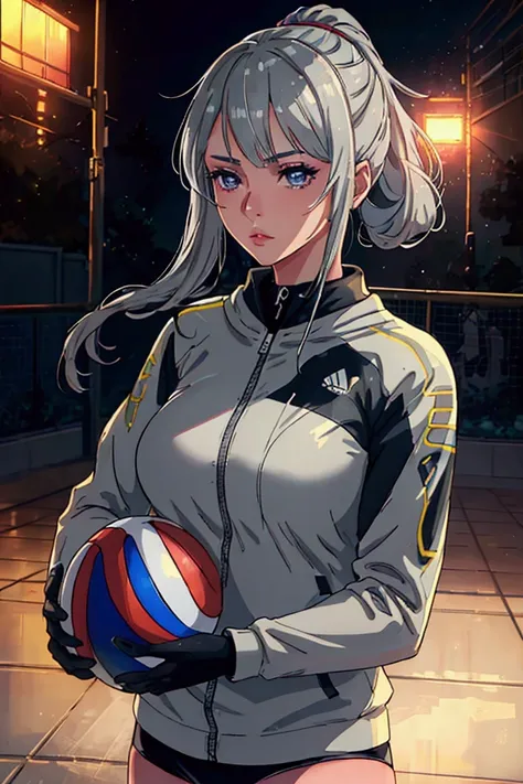 a grey haired girl, poker face, holding a volleyball, looking to the side, 1girl, detailed face, detailed eyes, detailed lips, d...