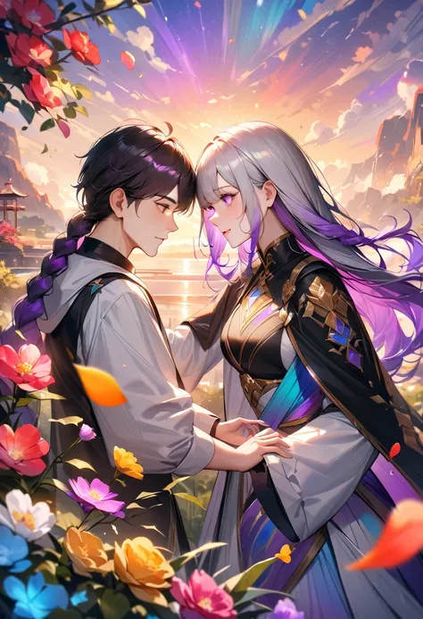 (A couple, beautiful girl and boy),(Look at each other), (best quality,very aesthetic,masterpiece),ultra-detailed,realistic, eveninng, Colorful sunset, bright colors,vibrant color palette,(yinji,purple_hair,purple_eyes,very_long_hair,grey_hair,braided_pony...