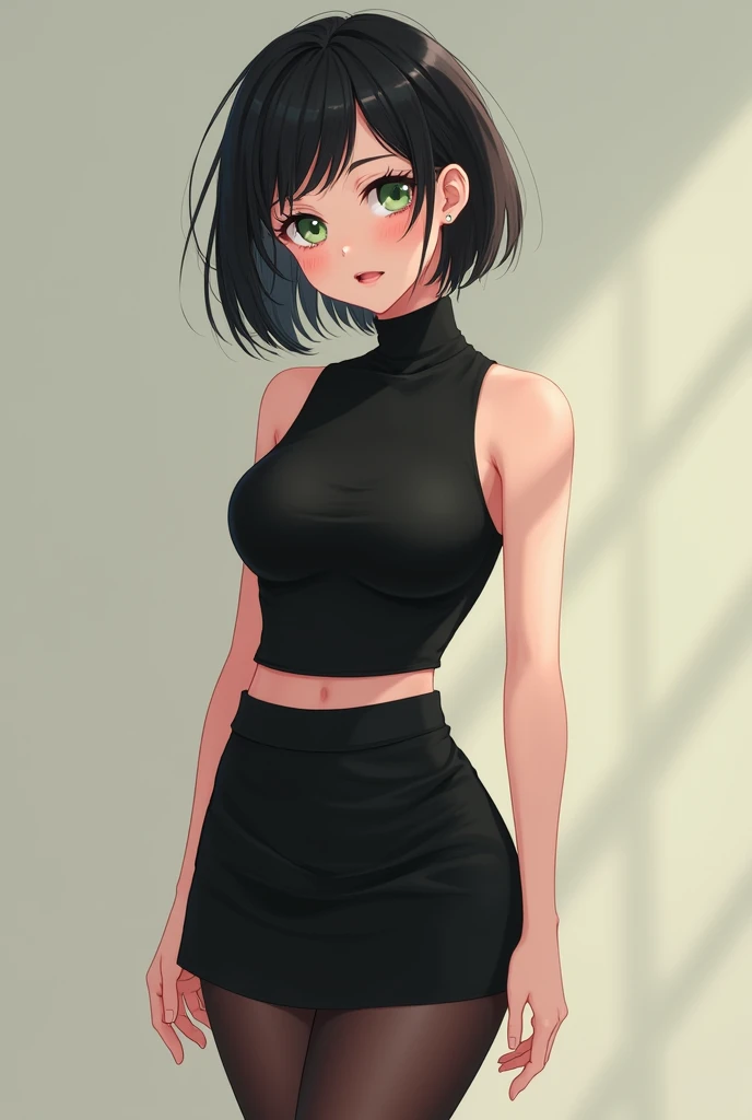 White skin anime style woman, black hair, moderately short, with green eyes with medium breasts, with a slim waist with a skirt above the knees in black, with tights and a black sleeveless blouse uncovered, the face with Latin and European ranges between t...