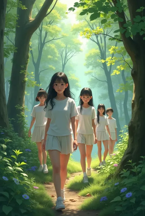 Chinese students，Wearing a white uniform top，forest，reality，Realistic photos、Big Boobs、Nipples