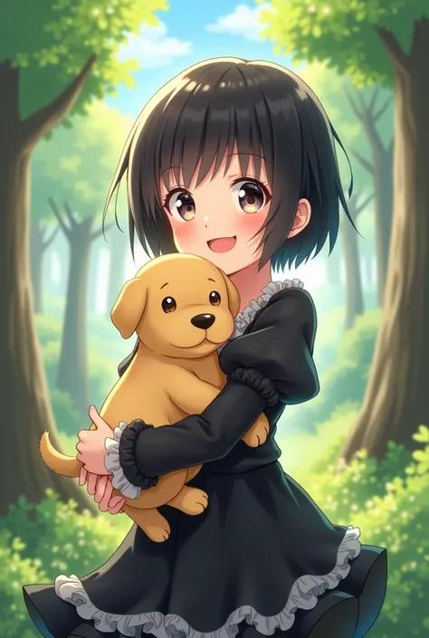 One Girl, Black Hair,Fantasy, short hair,Cute black frilly clothes, Head tilted,happiness/joy, Anime Style,smile, Black Skirt,Forest Background,Hug a yellow puppy,