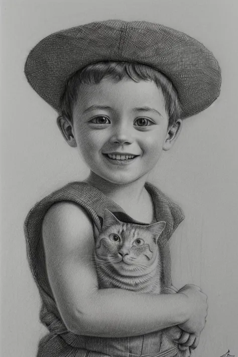 pencil drawing,(masterpiece, best quality, high resolution, absurdres, intricate details:1.3),monochrome,1boy,hat,smile,holding ...