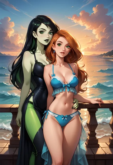 cinematic film still, duo, 2girls, couple, yuri, BREAK kim possible, narrow waist, perky breasts, BREAK shego, green skin, narrow waist, perky breasts, BREAK wearing (short babydoll lingerie:1.2), navel, midriff, BREAK beach villa, on balcony overlooking o...