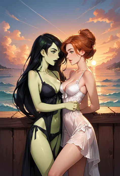 cinematic film still, duo, 2girls, couple, yuri, BREAK kim possible, narrow waist, perky breasts, BREAK shego, green skin, narrow waist, perky breasts, BREAK wearing (short babydoll lingerie:1.2), navel, midriff, BREAK beach villa, on balcony overlooking o...