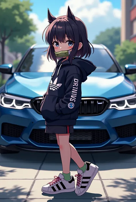 Nezuko with bamboo,bmw hoodie,adidas superstars shoe,bmw m5 in background,anime,manga