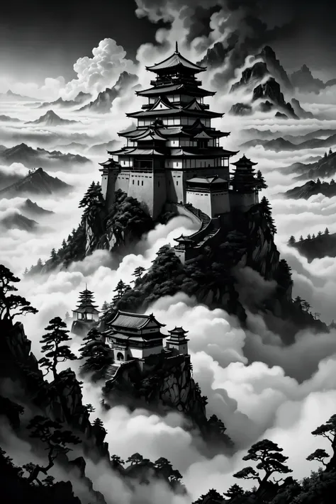 a japanese castle peeking out from the sea of clouds, mysterious, monochrome, ink painting style, beautiful detailed architecture, dramatic lighting, moody atmosphere, ethereal, surreal, atmospheric, cinematic, highly detailed, intricate, complex, elegant,...