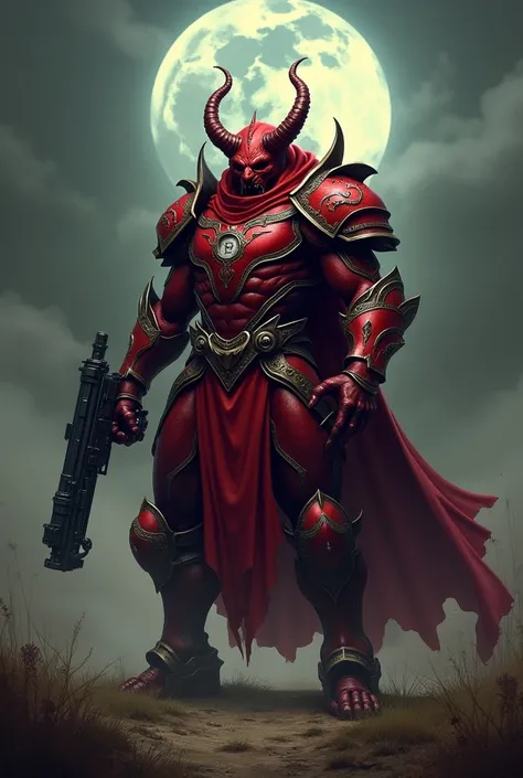 Create a demon wearing a red armour and holding a gun in backgrond dark sky moon and write SOORYA on armour