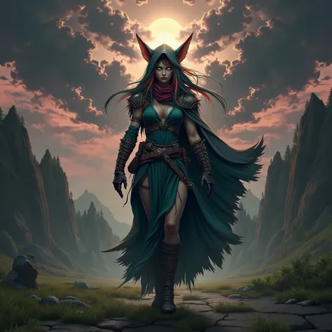 Grass, Sky, Field, League of Legends, 1girl, elf, druid, animal ears, bandage legs, long legs, bandage, bandage, bird legs, bird skull, cape, shut up, ears by headdress, eyes visible through hair, face drawings, feathers, hood, hooded cape, long hair, brow...