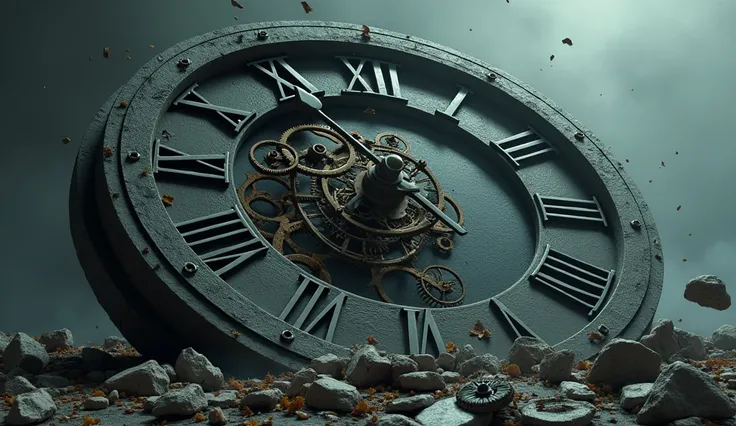 A giant clock breaking, symbolisant le temps perdu et la frustration dêtre pris dans le passé.