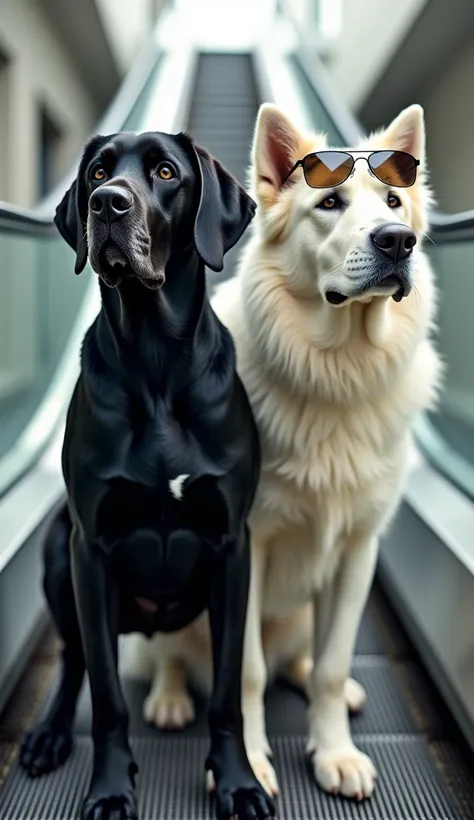 Black Great Dane and large Great Pyrenees、Dropped ears、escalator、sunglasses、From afar、beside