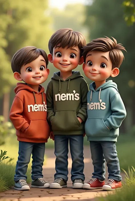 3, 4 and 13 years boys with casual dress. name "NEMs" written on kids hoodies.