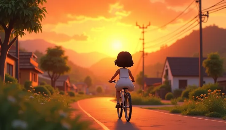 In cinematic 3D cartoon style: “Sunset Over the Village:
 End with a serene sunset over the village, with Deepti riding her bicycle home. The scene should evoke a sense of accomplishment and peacefulness, capturing the harmony between Deepti’s efforts and ...