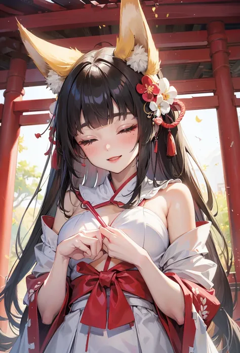 (sweet love style), (pov, frontale), (hand holding a broom)(solo:2, 15 yo) (beautiful detailed blunt bangs:1.3) (beautiful black hair long hair) (best cute shrine maiden fox girl) (best sexy closed eyes) (cute ecstasy smile) (detailed yellow fox ears), (se...