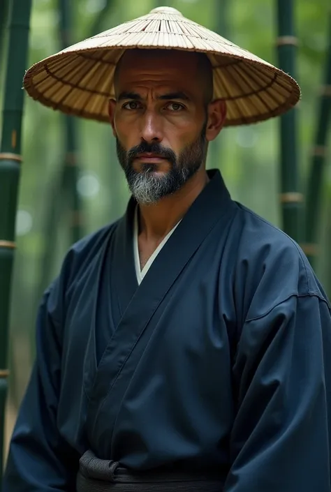 male, bald, in shape, mature, japanese bamboo hat, dark blue monk fit, black eyes, thin beard,