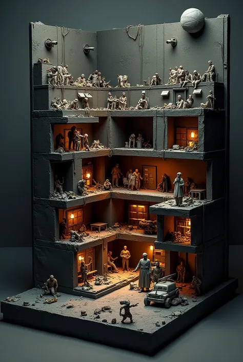 A 3d model of dark tourism with open upper side and shousing 26 /11 attack from inside the good side vs the bad side
In partition 