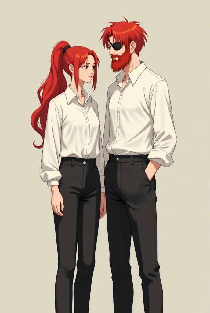 One father and daughter in white shirt and black pants girl had red hair with ponytail hairstyle he has a patch on right eye they both girl stand besides him daughter is adult and father is 30 years old with beard he has long, bright red hair with red stre...