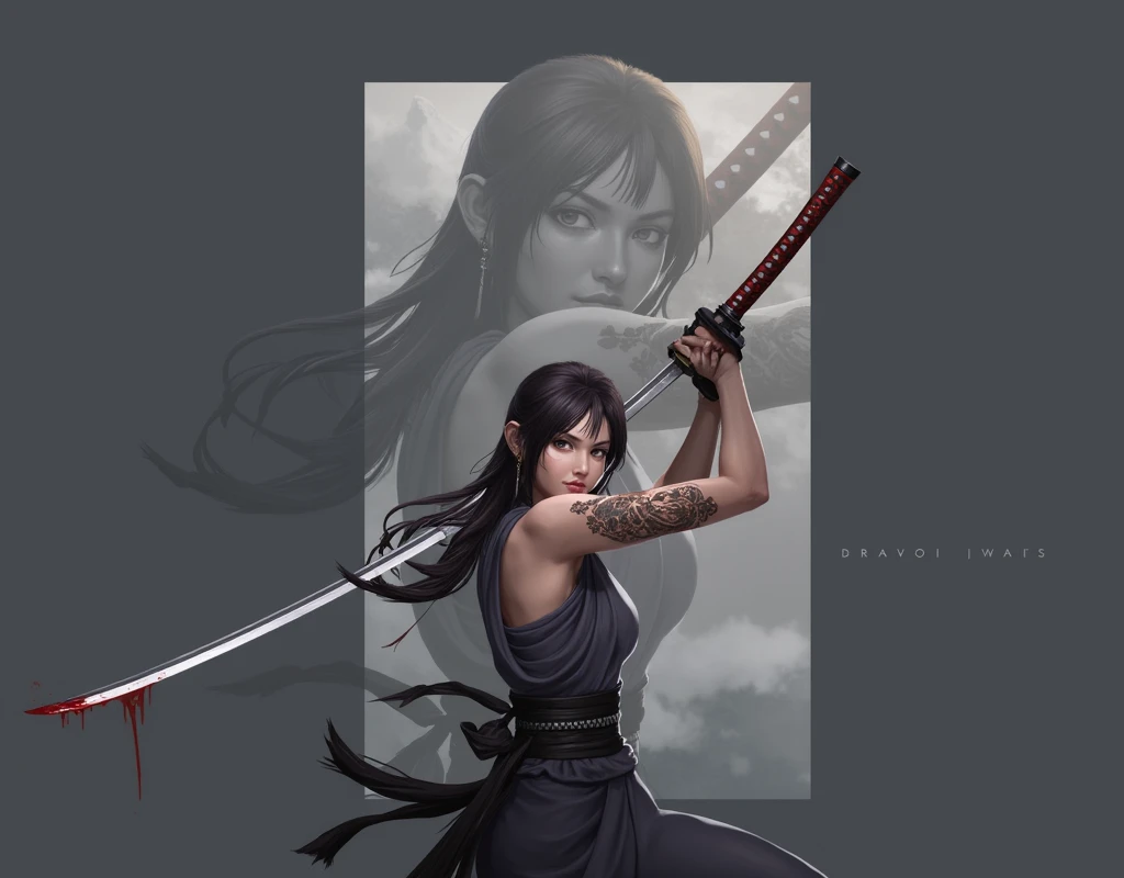 (Japanese sword &refer;Muramasa 2&refer;.2)beautiful woman、Japanese swordを持った女性、Shinobi costume、warrior、Clear eyes、{Arm tattoos、warrior、Realistic fighting scenes、敵warriorの返りblood、blood、high resolution、Highest quality、very detailed、8ก、background、